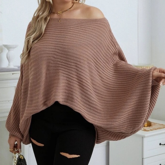 Black plus size dolman sleeve ribbed knit sweater - Picture 4 of 16